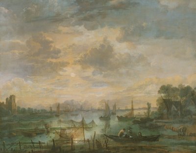 Maanlichtscène met vissers door Aert van der Neer